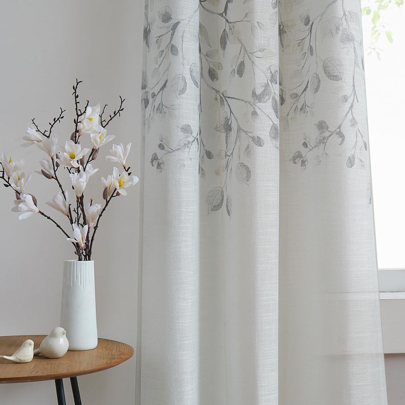 Central Park Leaf Floral Print Metallic Sheer Linen Window Curtain Panel for Rustic Living Room/Bedroom Sparkling Decorative 6 Grommets Top Drape Panels Farmhouse Curtains, Gray Tan,40" x 63"x2, 2 PK - Image 1
